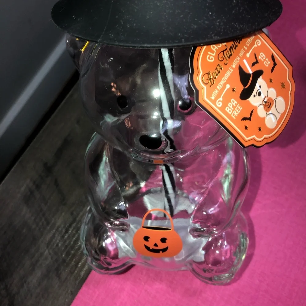 🎃 Halloween  Bear with Witch hat - glass cup with straw 🎃 2 available